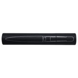 A black metal pen with a sleek design and a logo on the barrel. It is presented in a closed position.