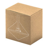 A cardboard box featuring a simple design, primarily in brown with an abstract graphic. It has a logo printed on it.