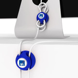 A blue cable manager with a logo, designed to tidy cables, secured to a white surface.