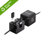 A black charging and sync cable featuring interchangeable connectors, made from recycled plastic, with a logo and branding.