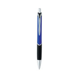 A blue and silver plastic pen with a textured black grip and a logo on the barrel.