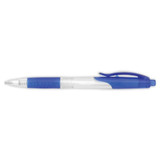 A plastic pen with a transparent barrel and blue accents, featuring a comfortable grip and a click mechanism.