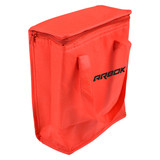 A red cooler bag with a zip closure and shoulder straps, featuring a logo on the front.