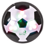 A hover soccer ball with black and white panels, featuring colourful LED lights and a logo.