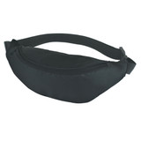 A black bum bag with a zippered compartment and an adjustable strap. It features a branding logo.