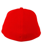 A red mesh fitted structured cap featuring a curved brim and a logo on the front.