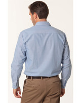 A back view of a men's long sleeve shirt in light blue, featuring a collar and buttoned cuffs. It has a logo.