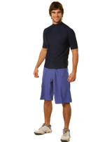 Men's surf shorts in purple, made from 100% polyester with a peach finish, featured on a model. Includes a logo.