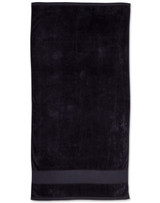 A dark, terry velour beach towel measuring 75x150 cm, featuring a simple design with a logo.