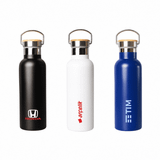 A drink bottle collection featuring a black, white, and blue stainless steel design with various logos and a bamboo lid.