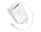 A white 45W wall charger with a retractable design and a USB-C cable attached, featuring a logo.