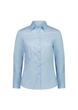 A women's long sleeve shirt in light blue, featuring a collared neckline and button placket, with a logo present.