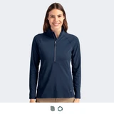 A navy half-zip women's pullover with a collar and a logo on the chest.