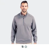 A man wearing a grey Cutter & Buck Roam men's half zip jacket, featuring a collar and a logo on the chest.