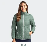 A women's jacket in green with a quilted design and a zip front, featuring a collar and side pockets.