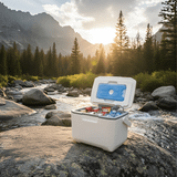 A white 6L cooler box is open, displaying drinks and ice packs, set against a scenic natural backdrop.