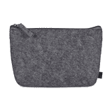 A grey RPET felt mini cosmetic bag with a zip closure and a small tag on the side.