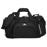 A black duffel bag with multiple compartments, adjustable shoulder strap, and a branding logo.
