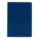 A navy A5 softcover notebook with a smooth finish and a subtle logo on the bottom corner.