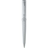 A sleek silver ballpoint pen with a spiral design and a shiny finish, featuring a branding logo.