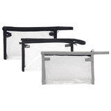 A set of three clear toiletry bags in black and grey, featuring zip closures and mesh detailing.