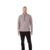 A grey knitted half zip jumper for men with a zip collar and a brand logo.