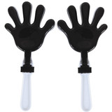 A pair of black hand-shaped clappers with white handles, designed for creating noise and visual appeal.