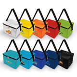 A cooler bag collection in various colors: white, yellow, orange, green, blue, and black, each with a logo.