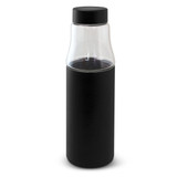 A drink bottle with a clear glass upper half and a matte black lower section. It features a black lid and a logo.
