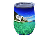 A travel mug in blue and green with a scenic beach design and a logo. Features a double wall for insulation.