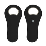 A drink bottle opener in a sleek black design, featuring a rounded handle and a metal bottle cap opener.