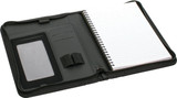 A black A5 zip portfolio featuring a notebook and card slots, with a zipper closure for secure storage.