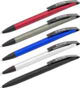 A collection of five plastic pens in red, silver, blue, black, and grey featuring a logo on the clip.