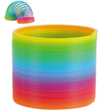 A colorful, spiral spring toy in vibrant rainbow colors, featuring a stacked circular arrangement with a playful design.