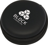 A round black case with a zip, featuring a logo on the front. The case is compact and designed for storing items.