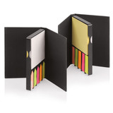 A black sticky note book featuring various coloured sticky notes, including pink, green, and yellow. It has a logo.