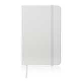 A grey A6 notebook journal with a sleek leather-look cover and an elastic band. It features a ribbon bookmark and has a logo.