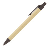 A ballpoint pen with a recycled paper barrel in a light beige colour and a black tip and clip. Features a logo.