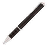 A black metal ballpoint pen with a silver clip and textured grip, featuring a logo.