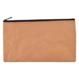 A kraft paper pouch in brown with a black zipper, featuring a simple design and a branding logo.