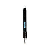 A black metal grip pen with a chrome finish and a textured black grip, featuring a branding logo.