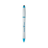 A stylus highlighter pen combo in silver and blue with a branding logo.