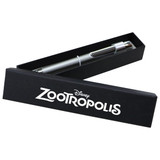 A black two-piece gift box containing a silver pen, featuring a logo. The box is elegantly designed for presentation.