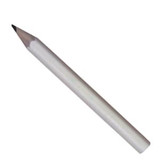 A grey-lead pencil, 3 1/2 inches long, featuring a sharpened tip and a white body. It has a logo on the side.