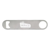 A drink bottle opener in silver stainless steel with a round hole and a logo.