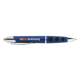 A blue plastic pen with a silver clip and buttons, featuring a logo on the barrel.