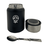 A drink bottle in matte black with a stainless steel inner and a spoon, featuring a logo on its exterior.