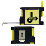 A tape measure in black and yellow, featuring a built-in level and a pen holder, with a logo on the side.