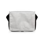 A black and white carry bag with a zip closure, featuring a large white flap and straps on the sides.