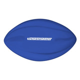 A blue football with a smooth, rounded shape and a logo on it.